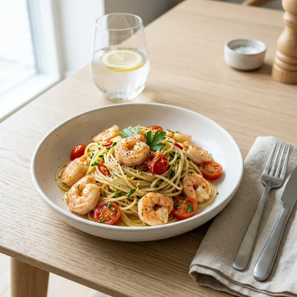 Valmis pasta katkaravuilla tarjoiltuna herkullisesti kotikeittiön tapaan