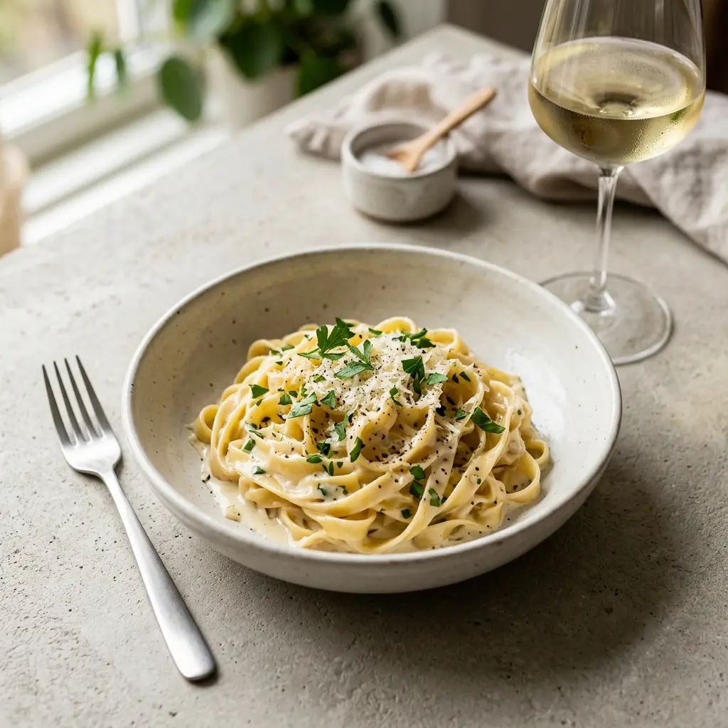 Valmis pasta kermakastikkeella tarjoiltuna herkullisesti kotikeittiön tapaan