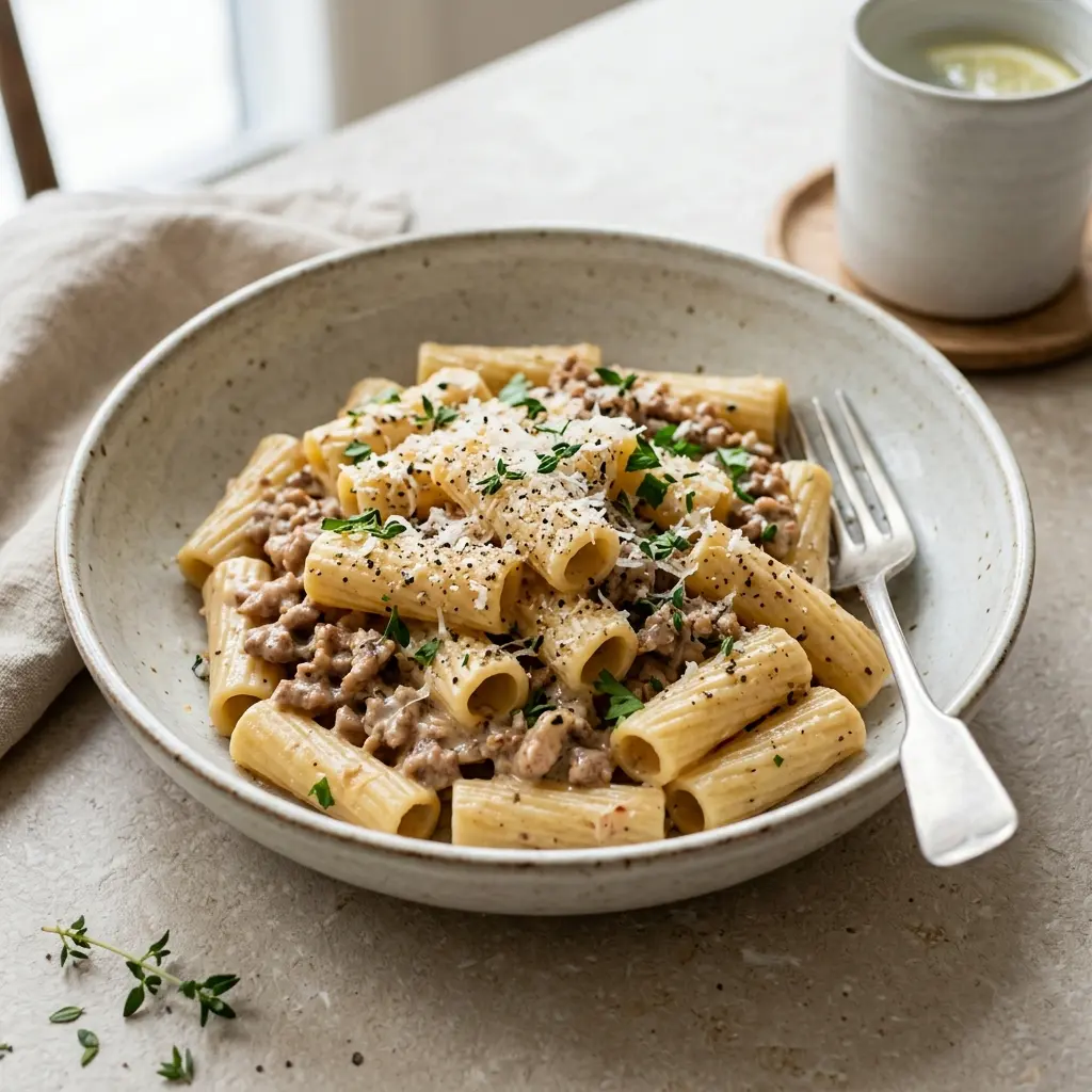 Valmis pasta porsaan jauhelihalla ja kermalla tarjoiltuna herkullisesti kotikeittiön tapaan