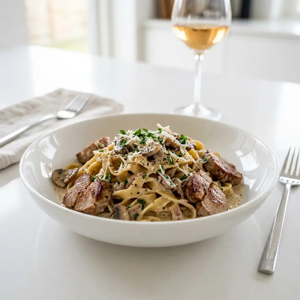 Valmis pasta porsaan sisäfileellä tarjoiltuna herkullisesti kotikeittiön tapaan
