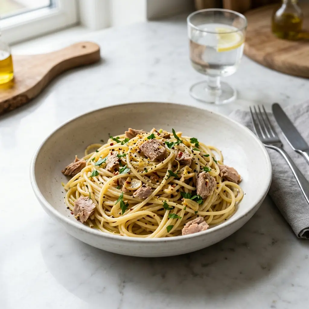 Valmis pasta tonnikalalla ja valkosipulilla tarjoiltuna herkullisesti kotikeittiön tapaan