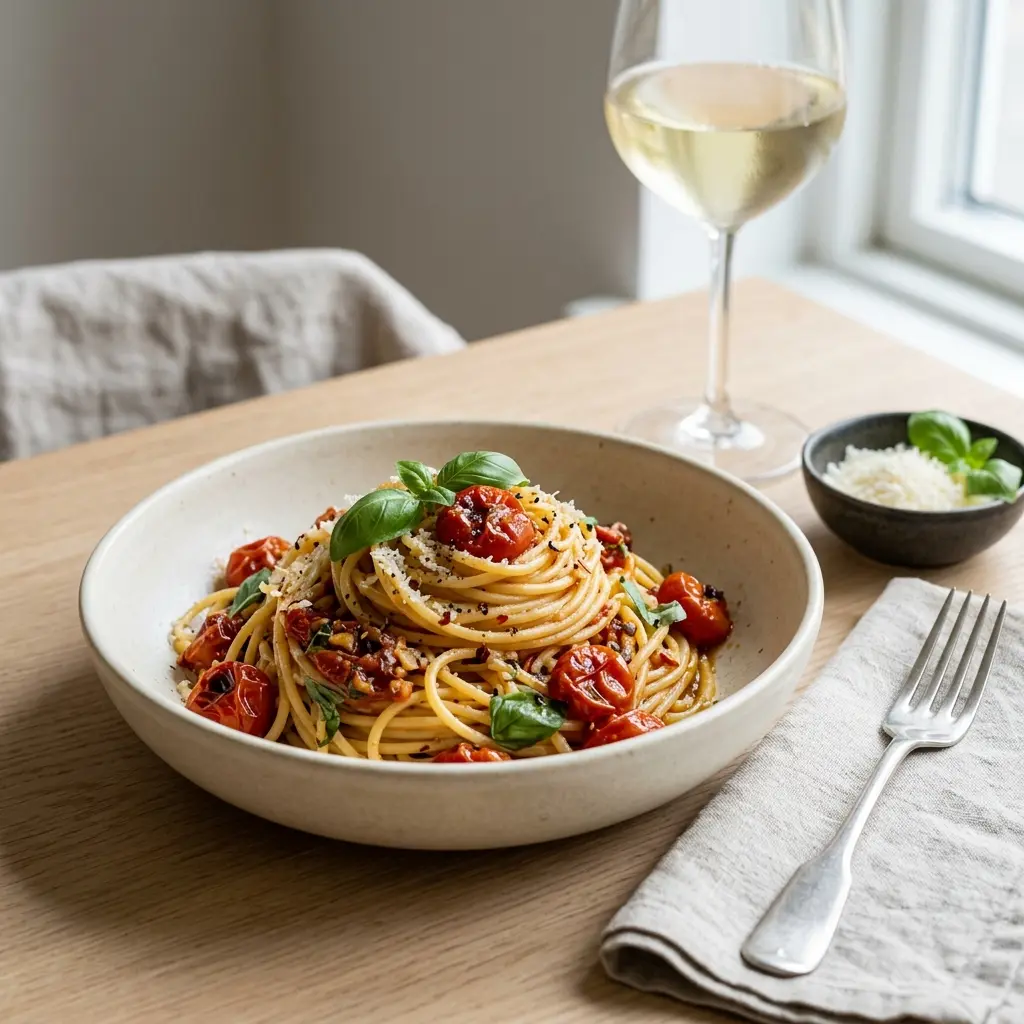 Valmis pasta uunissa paahdetuilla tomaateilla tarjoiltuna herkullisesti kotikeittiön tapaan