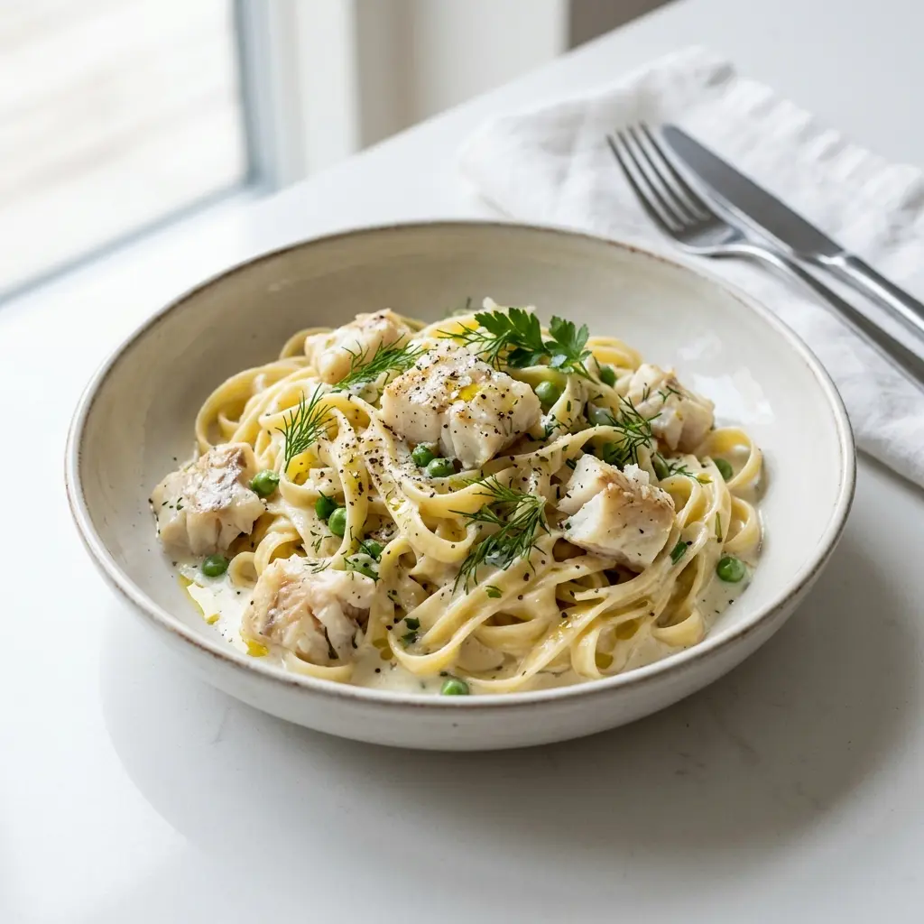 Valmis pasta valkoisella kalalla ja kermalla tarjoiltuna herkullisesti kotikeittiön tapaan