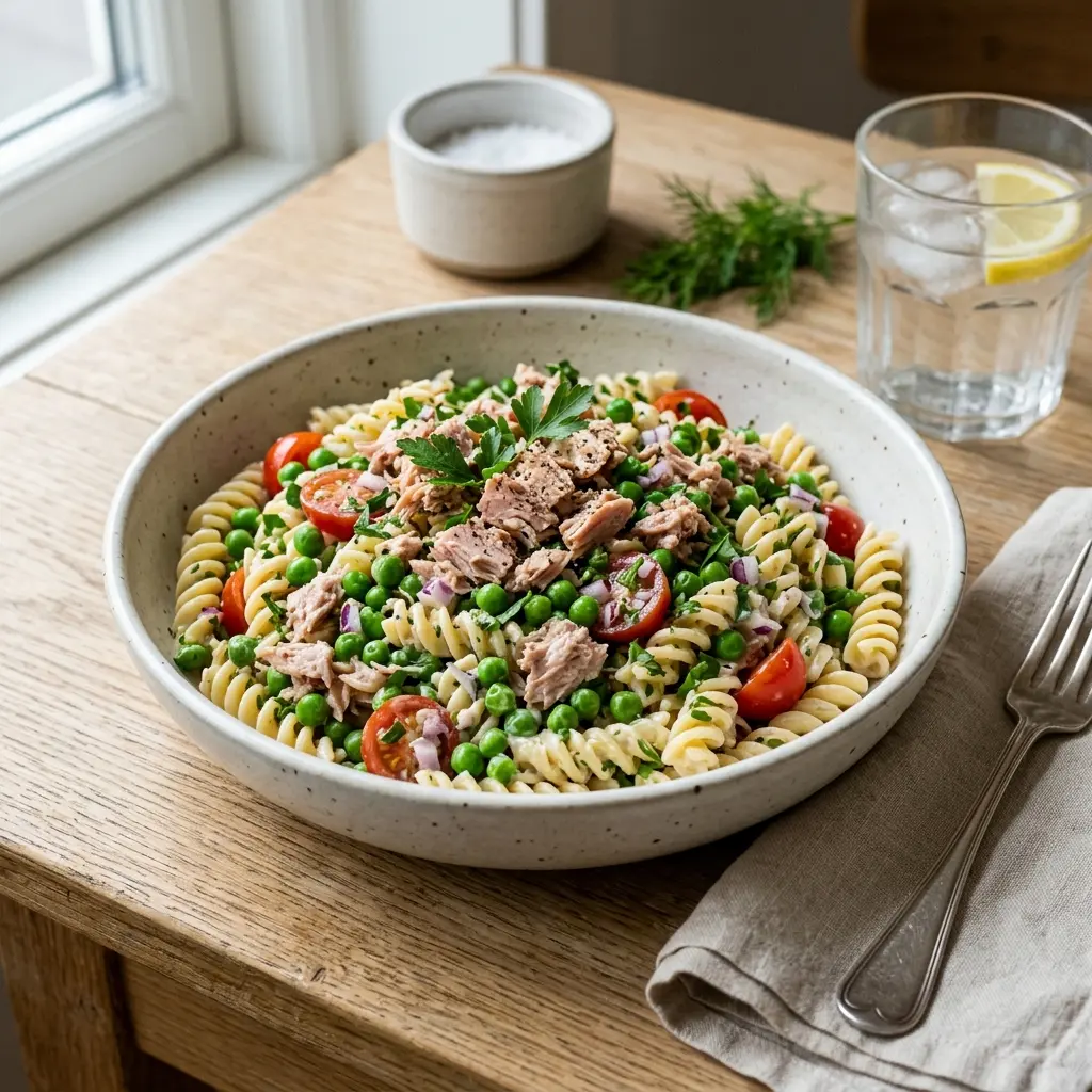 Raikas annos pastasalaatti tonnikalalla ja herneillä tuoreilla raaka-aineilla ja kauniilla tarjoilulla