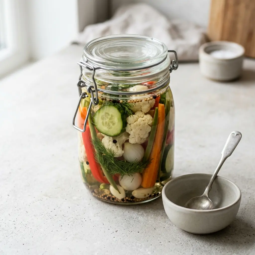 Valmis pickles tarjoiltuna herkullisesti kotikeittiön tapaan