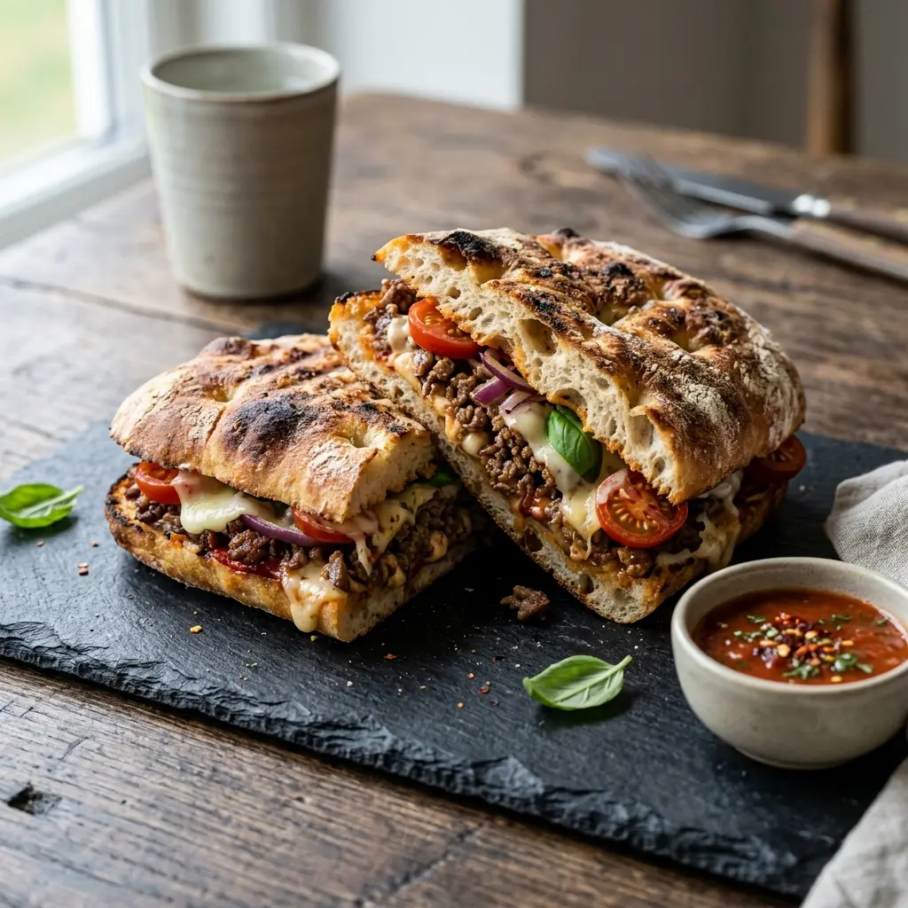 Valmis pizzasandwich naudanlihalla tarjoiltuna herkullisesti kotikeittiön tapaan