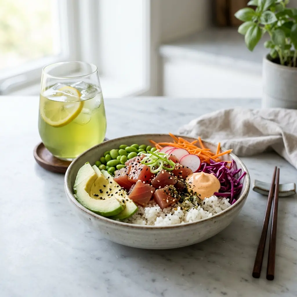 Valmis poké bowl tonnikalalla tarjoiltuna herkullisesti kotikeittiön tapaan