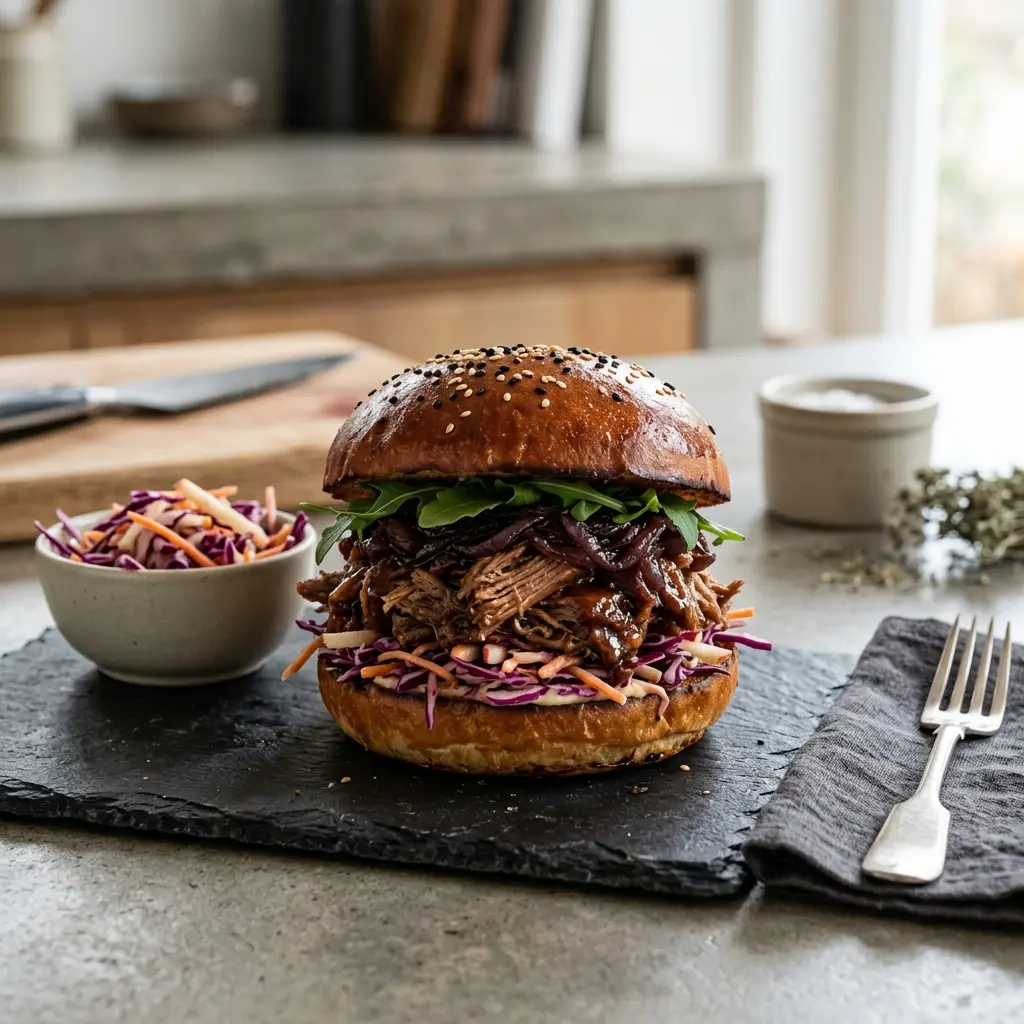 Valmis pulled duck -burgeri tarjoiltuna herkullisesti kotikeittiön tapaan