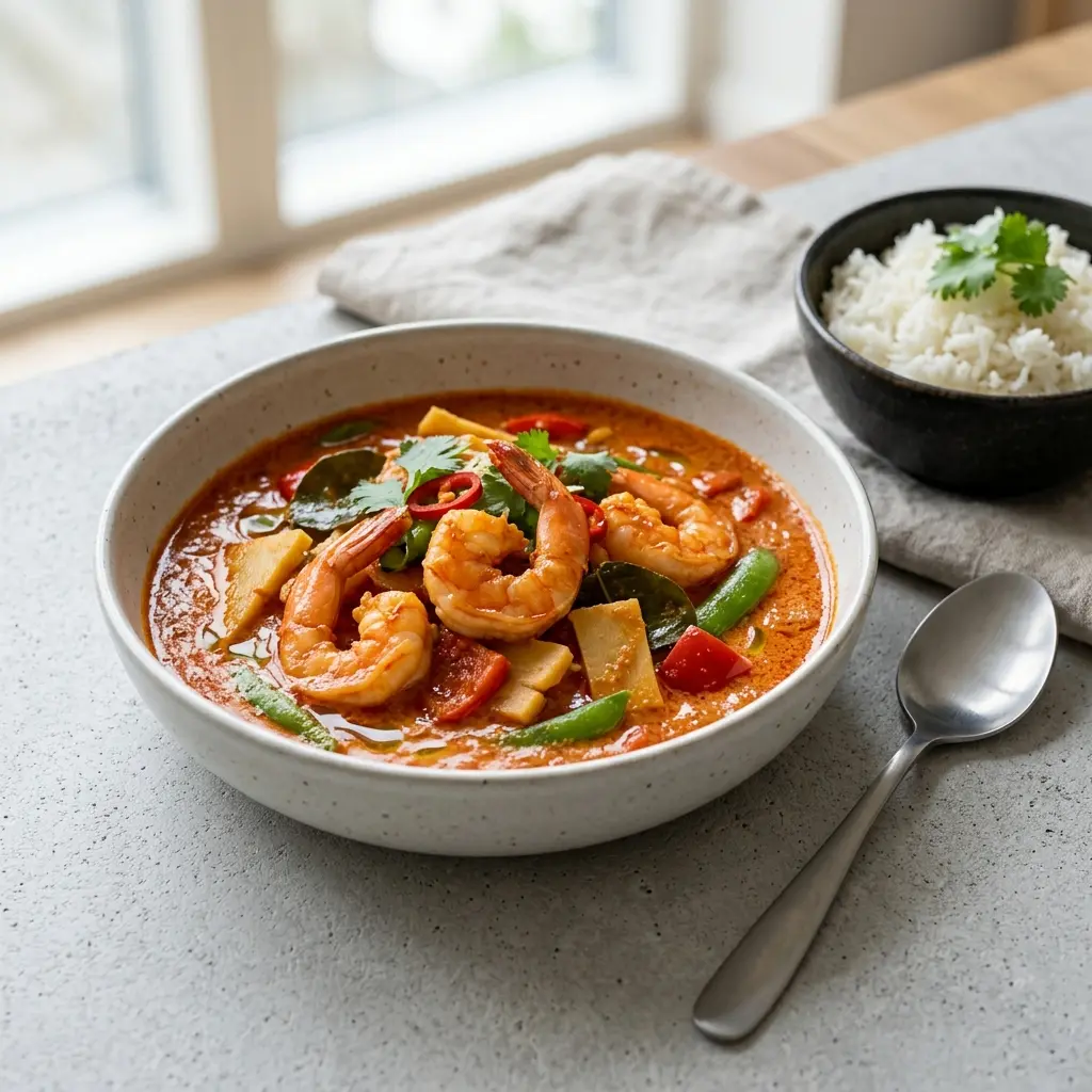 Valmis punainen curry katkaravuilla tarjoiltuna herkullisesti kotikeittiön tapaan