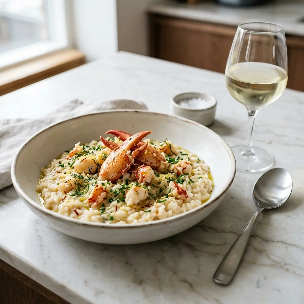 Valmis risotto keisarihummerilla tarjoiltuna herkullisesti kotikeittiön tapaan