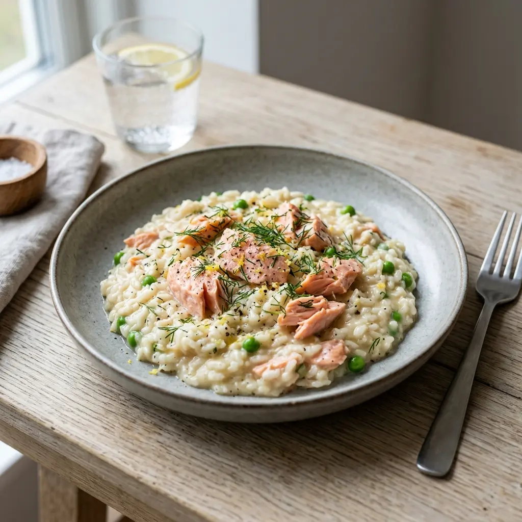 Valmis risotto lohella tarjoiltuna herkullisesti kotikeittiön tapaan