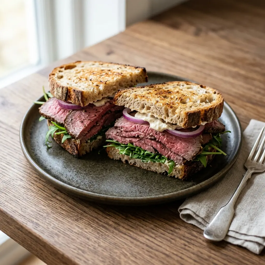 Valmis roastbeef sandwich tarjoiltuna herkullisesti kotikeittiön tapaan