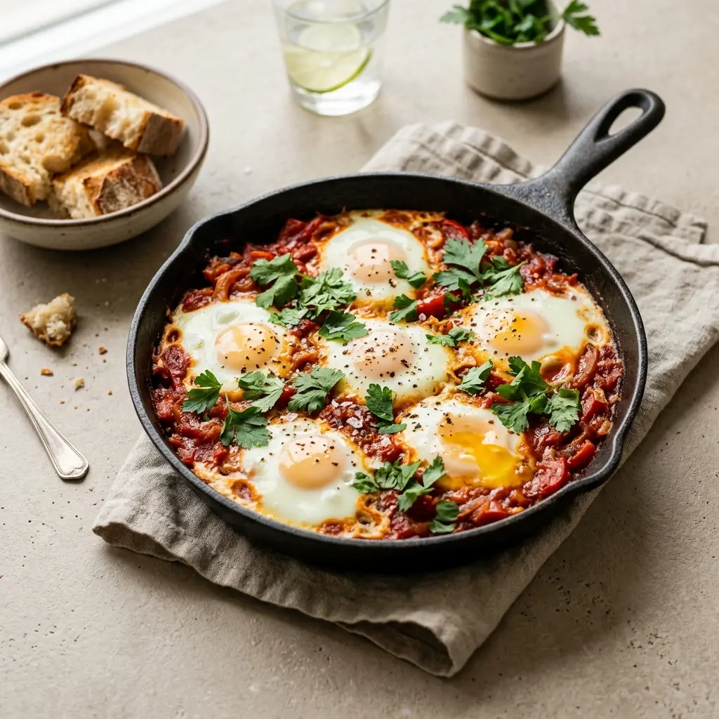 Valmis shakshuka tarjoiltuna herkullisesti kotikeittiön tapaan