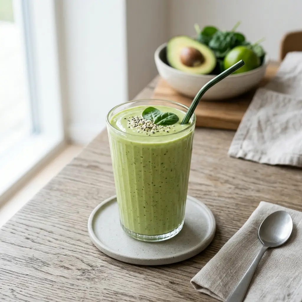 Lasillinen smoothie avokadolla tarjoiltuna raikkaana ja houkuttelevana