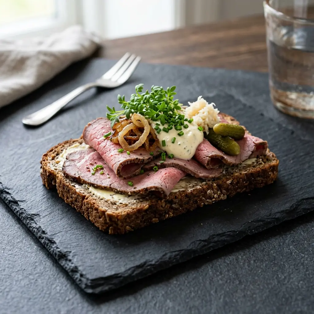 Valmis smørrebrød roastbeefillä tarjoiltuna herkullisesti kotikeittiön tapaan