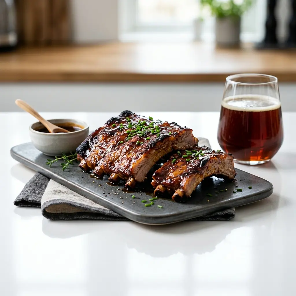 Valmis spareribs uunissa tarjoiltuna herkullisesti kotikeittiön tapaan