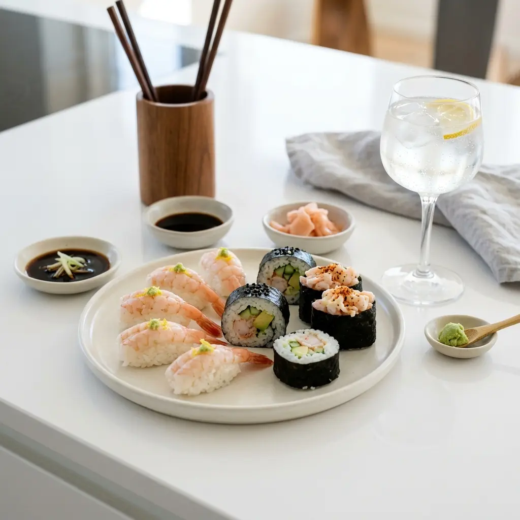 Valmis sushi katkaravuilla tarjoiltuna herkullisesti kotikeittiön tapaan