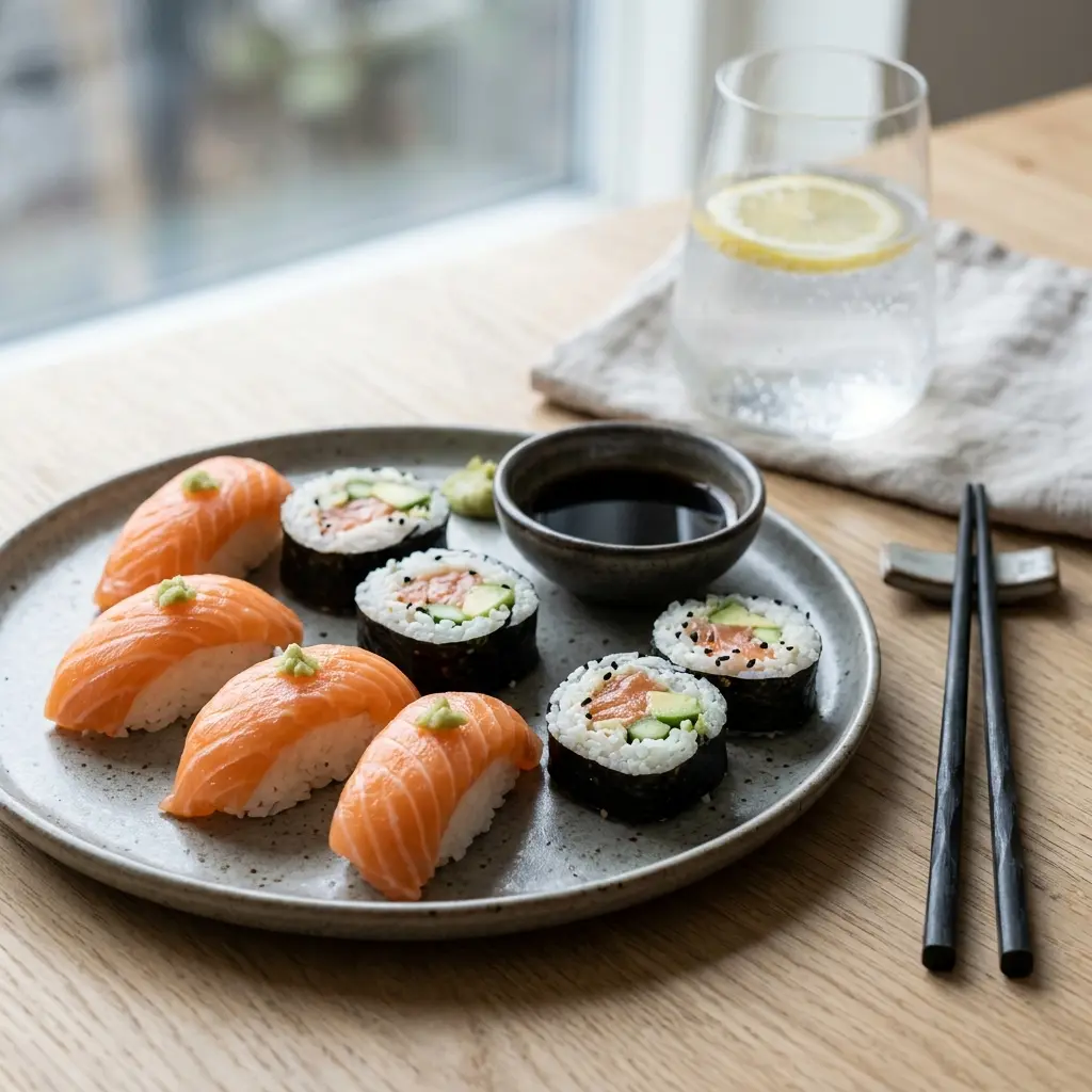 Valmis sushi lohella tarjoiltuna herkullisesti kotikeittiön tapaan
