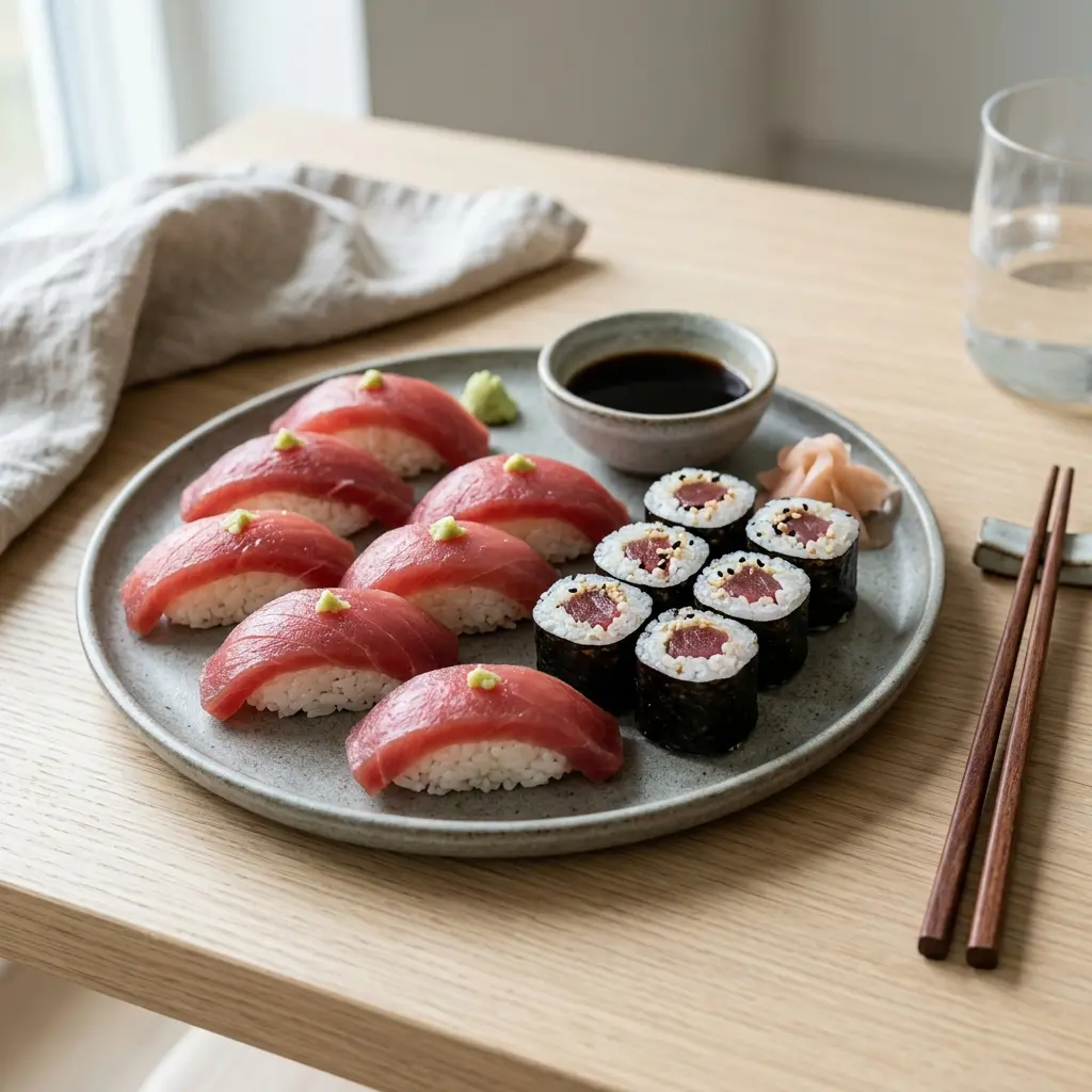 Valmis sushi tonnikalalla tarjoiltuna herkullisesti kotikeittiön tapaan