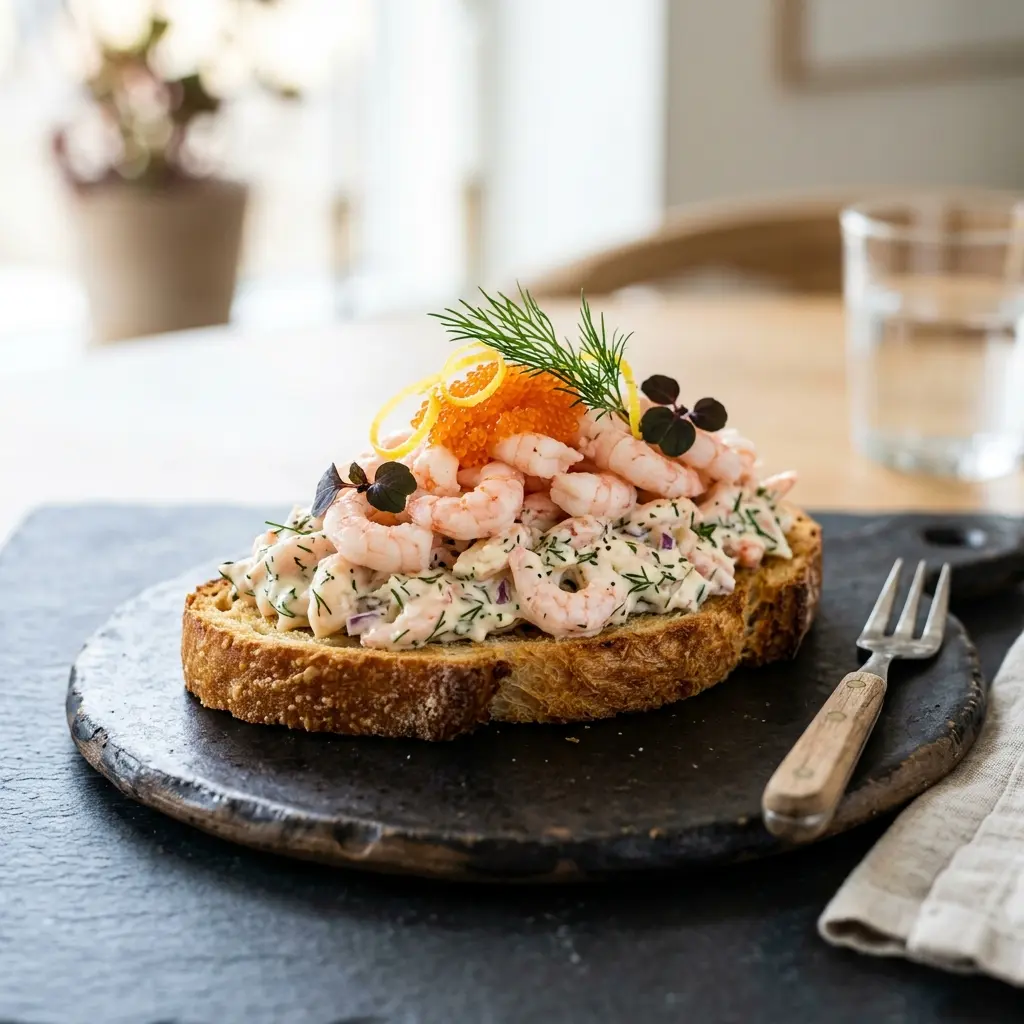Valmis toast Skagen äyriäisillä tarjoiltuna herkullisesti kotikeittiön tapaan