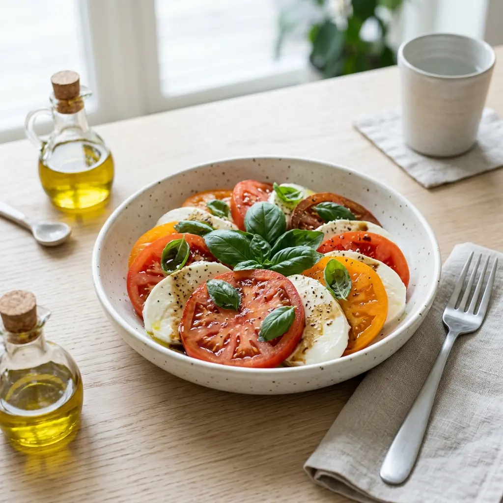 Raikas annos tomaattisalaatti mozzarellalla tuoreilla raaka-aineilla ja kauniilla tarjoilulla