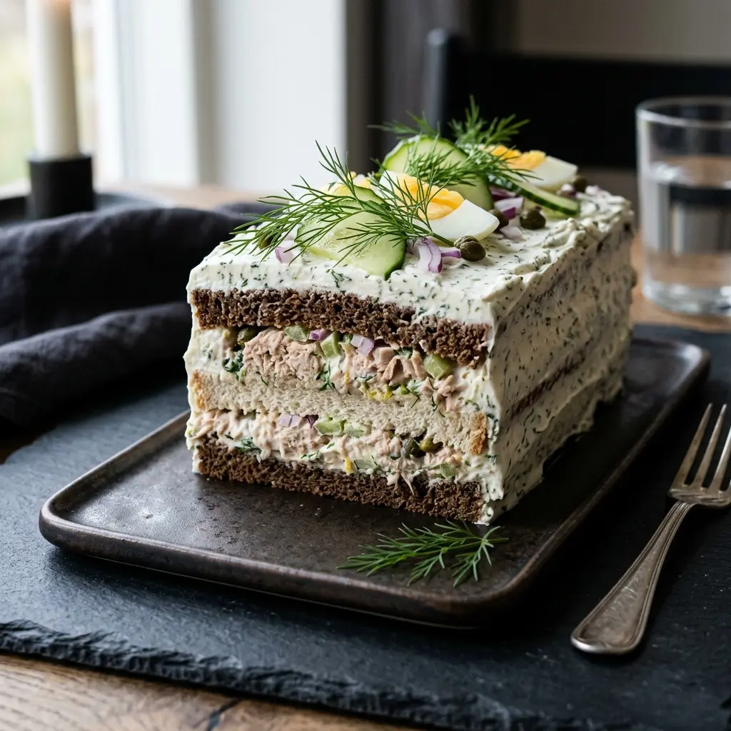 Kotitekoinen tonnikalasandwich-kakku tarjoiltuna makeana ja houkuttelevana jälkiruokana